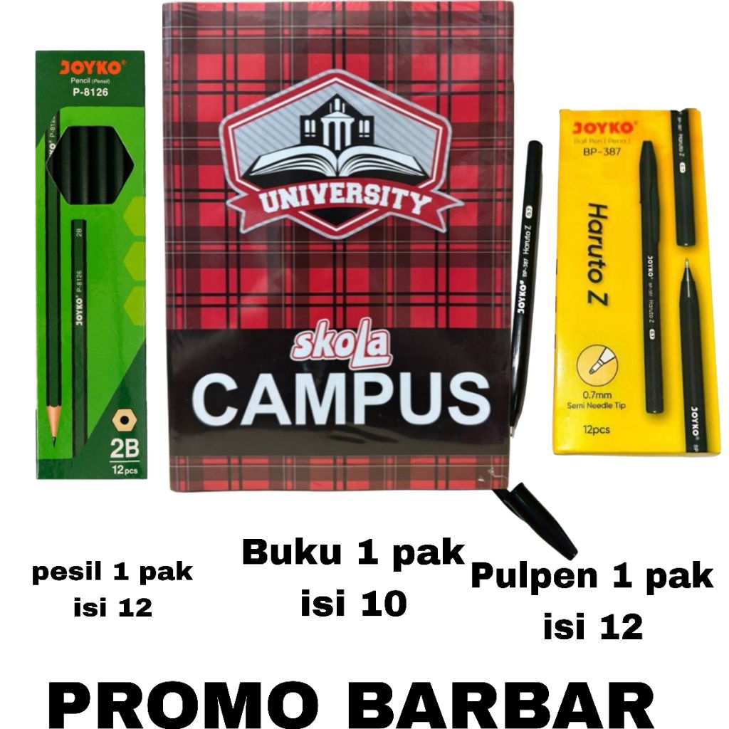 

PAKET 1 PAK BUKU TULIS BOXY CAMPUS 1 PAK PENSIL JOYKO 1 PAK PENA BUKU PANJANG BUKU SKOLA