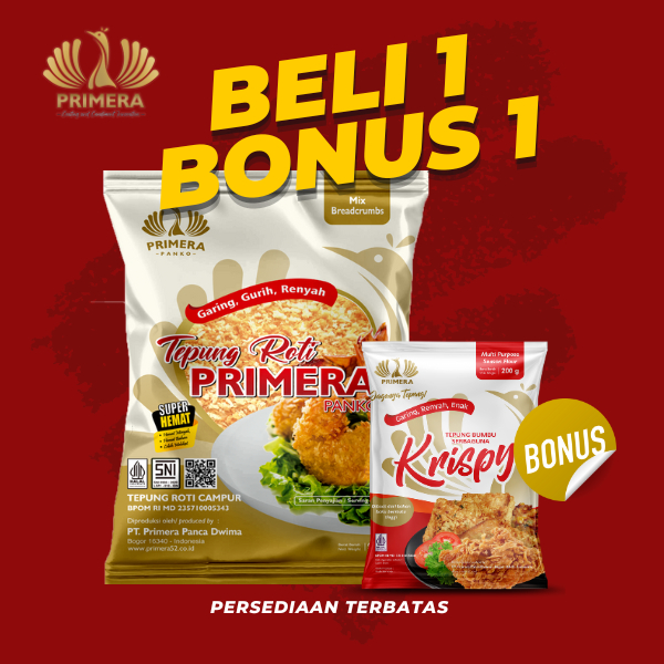

(BELI 1 BONUS 1) PRIMERA - Tepung Roti Econo warna Mix/Campur 900g + Bonus Tepung Bumbu Spicy 200g