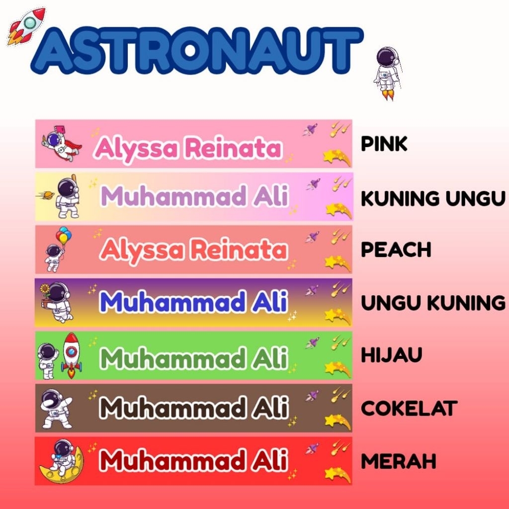 

(96 pcs) Stiker Nama Anak Custom Astronout Ukuran 7, 8x1, 2 cm