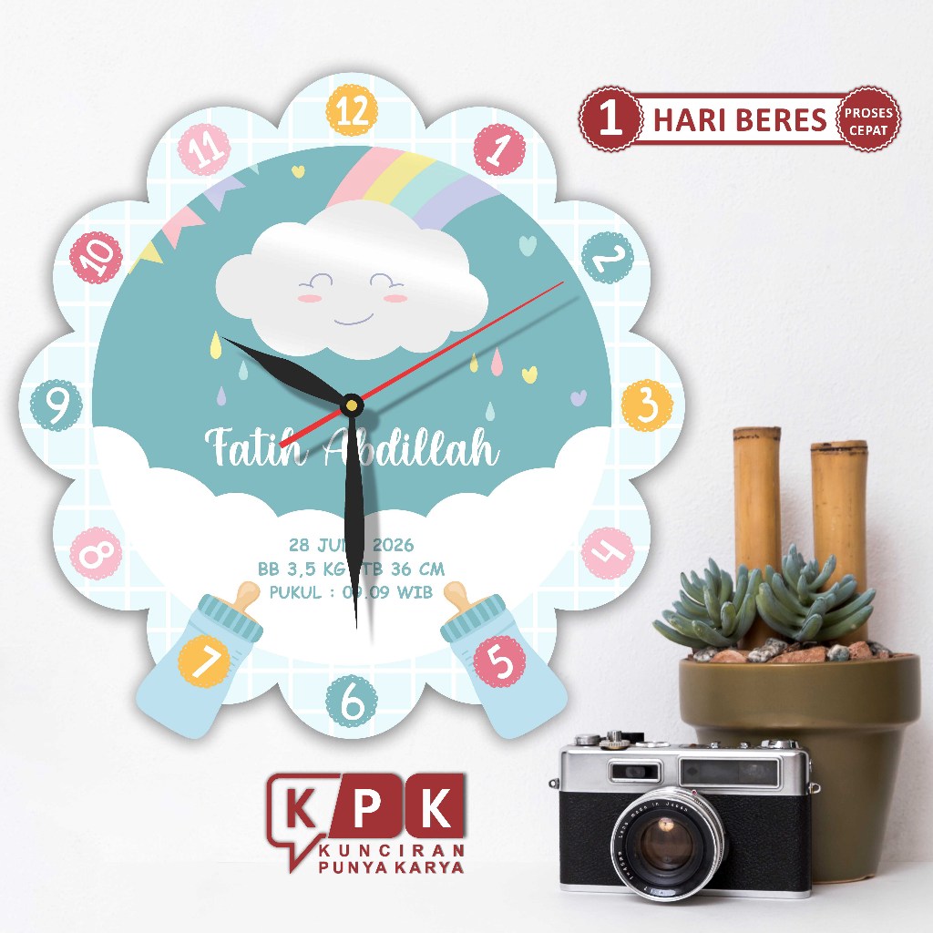 Jam Dinding Custom Tulisan Souvenir Aqiqah Nama Bayi Kado Unik Kelahiran Ponakan Laki Perempuan 20CM