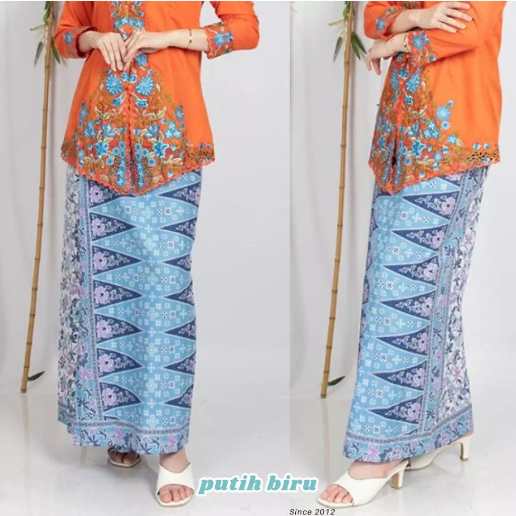 Rok Tumpal Batik Putih Biru/Bawahan Kebaya Motif Batik Aneka Pilihan Warna