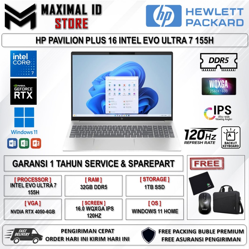 Laptop Hp Pavilion Plus 16 Intel Evo Ultra 7 155H Nvidia RTX4050-6GB Ram 32GB 2TB SSD 120HZ BL WIN11