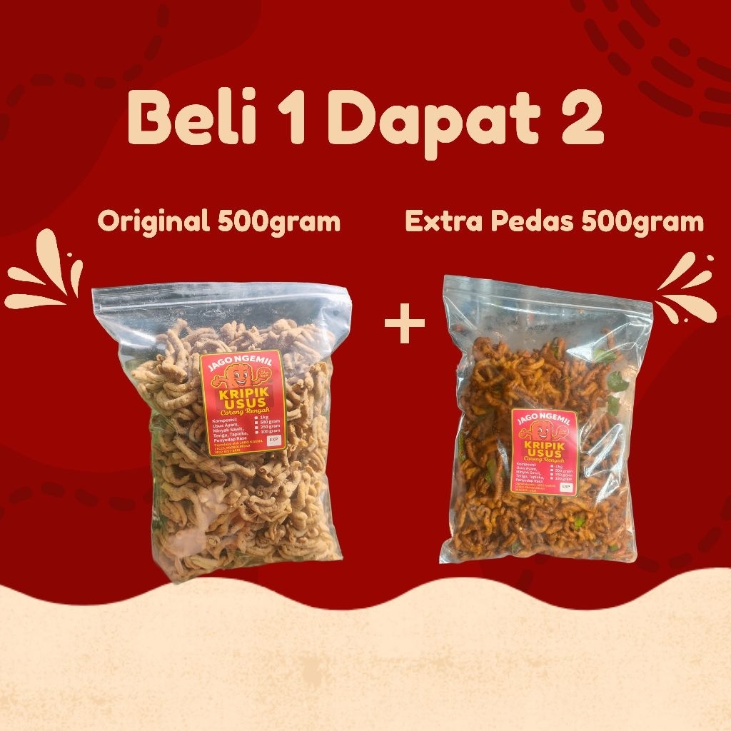 

Beli 1 Dapat 2 Keripik Usus Original 500gram + Extra Pedas Daun Jeruk 500gram