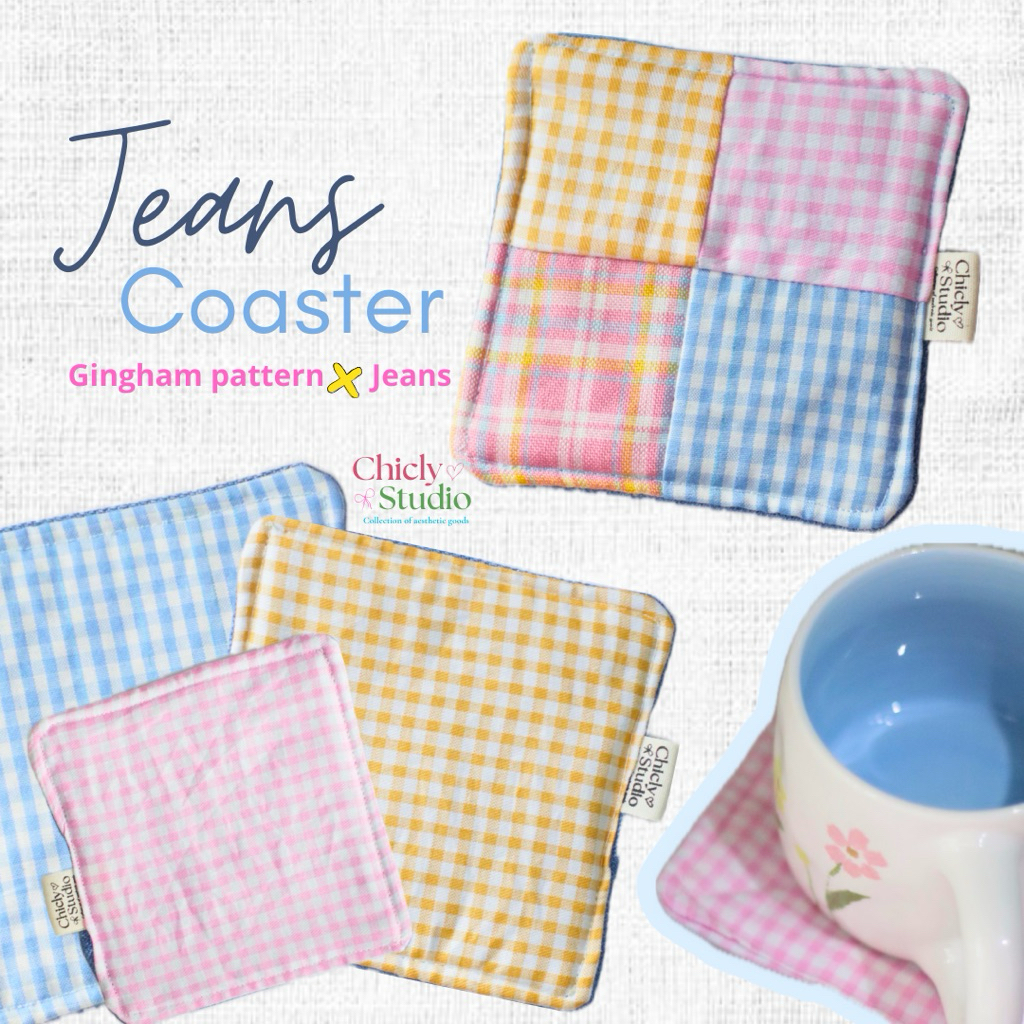 Jeans Coaster - Chicly Studio, coaster gingham, coaster aesthetic, coaster kain, tatakan gelas, gift