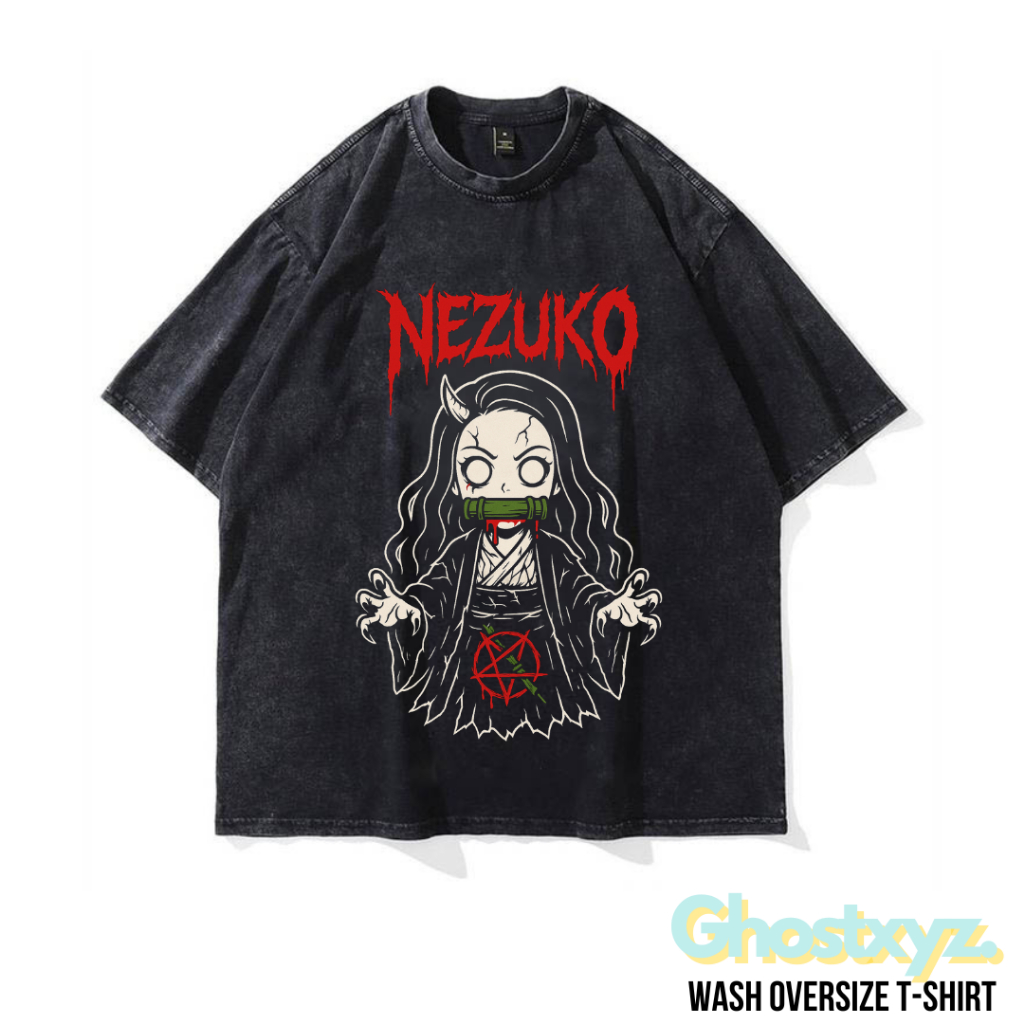 Ghostxyz T-Shirt Nezuko Wash Oversize Vintage Tee Baju Kaos