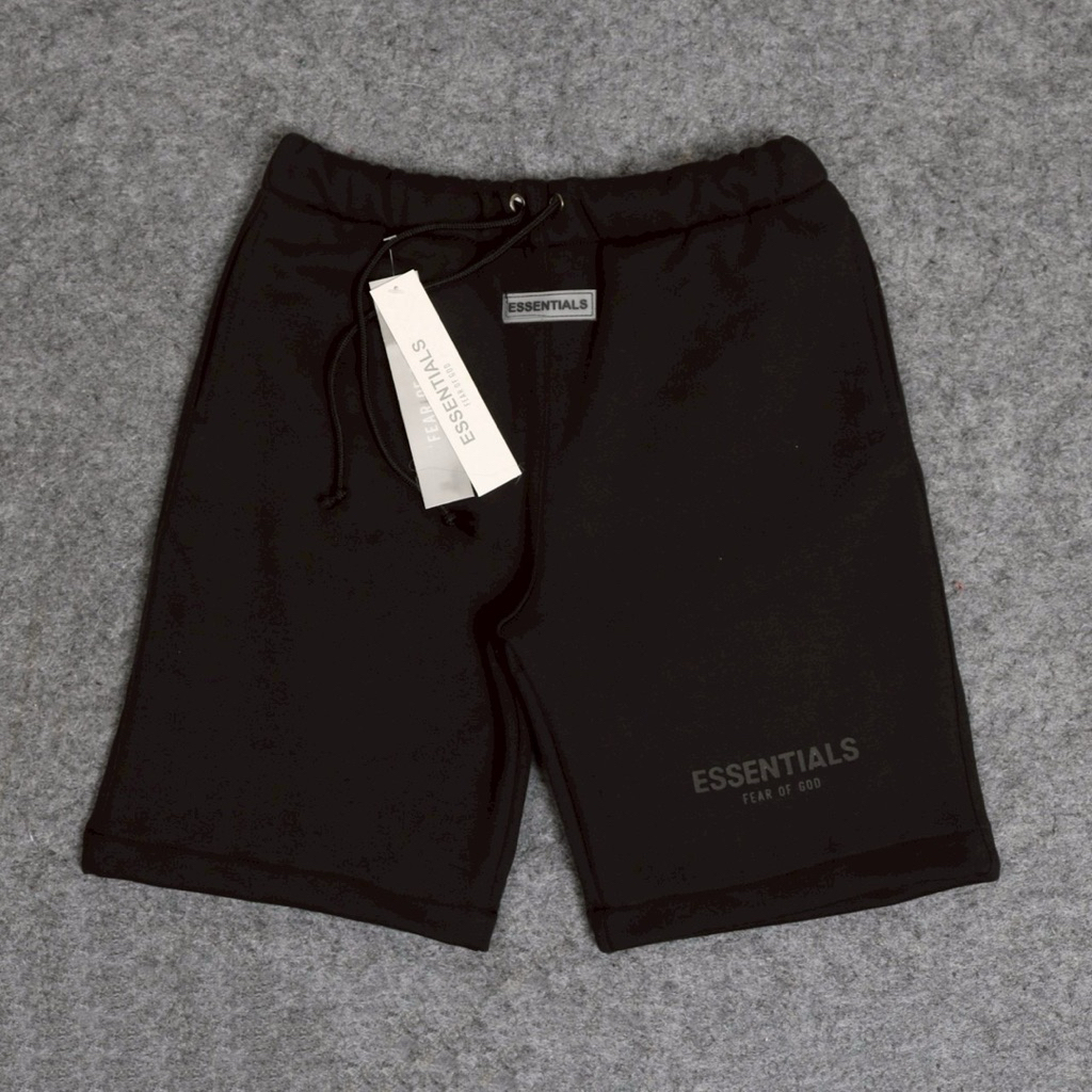 celana pendek hitam bahan cotton essentials fog sablon hitam plastisol celana casual