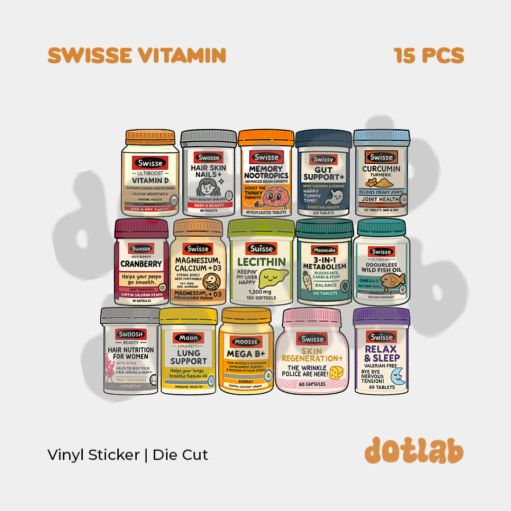 

DOTLAB Swisse Vitamin Bottle Sticker Die Cut | Cute & Funny Label Decal for Laptop, Tumbler, Journal