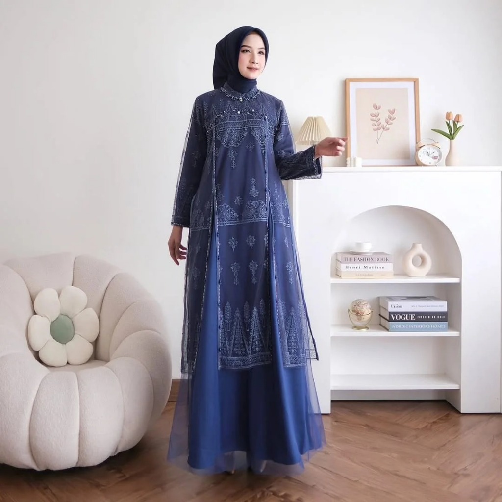 Gamis Kondangan Elegan Aruna Maxy BL Bahan Kain Tille Puring Mix Brukat Aplikasi Payet Mutiara Size 