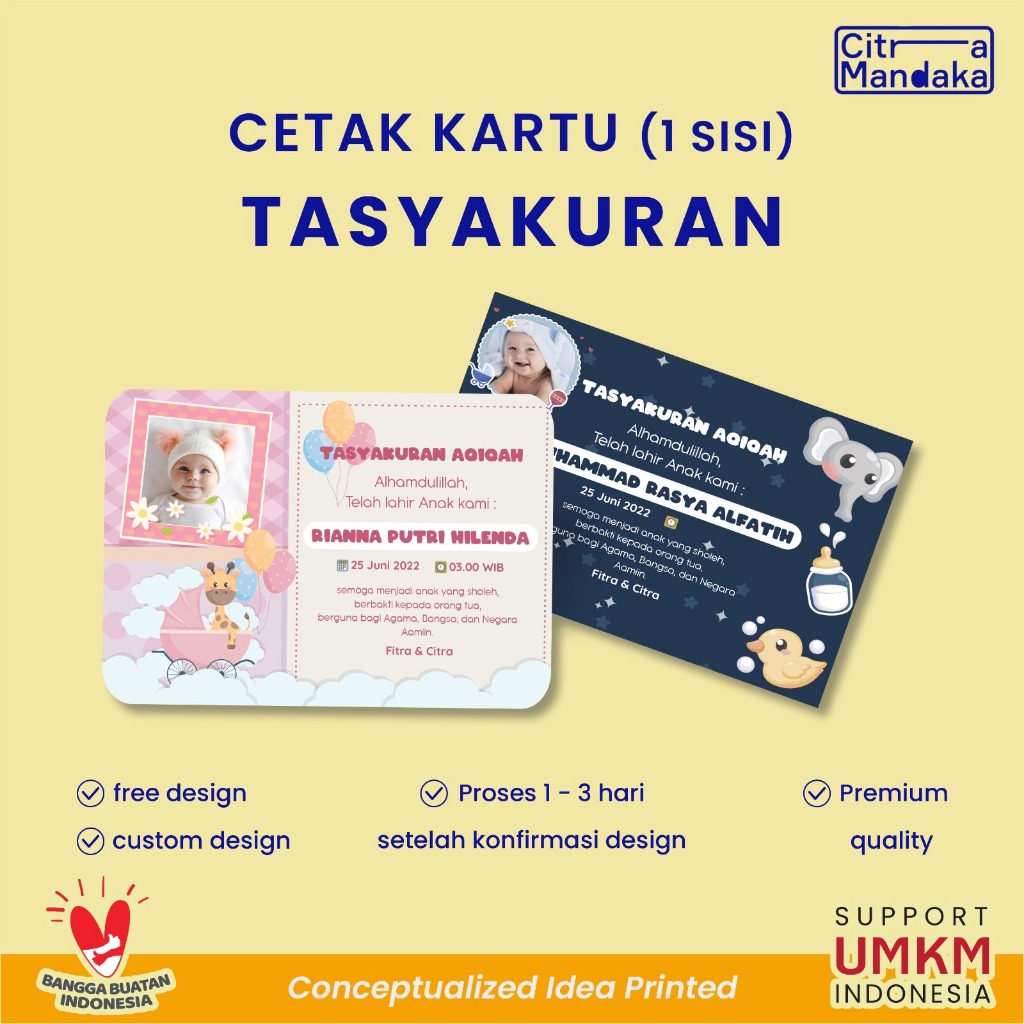 Kartu Ucapan Terima Kasih Tasyakuran Aqiqah Kelahiran Bayi Hampers 1 Sisi Custom Free Design