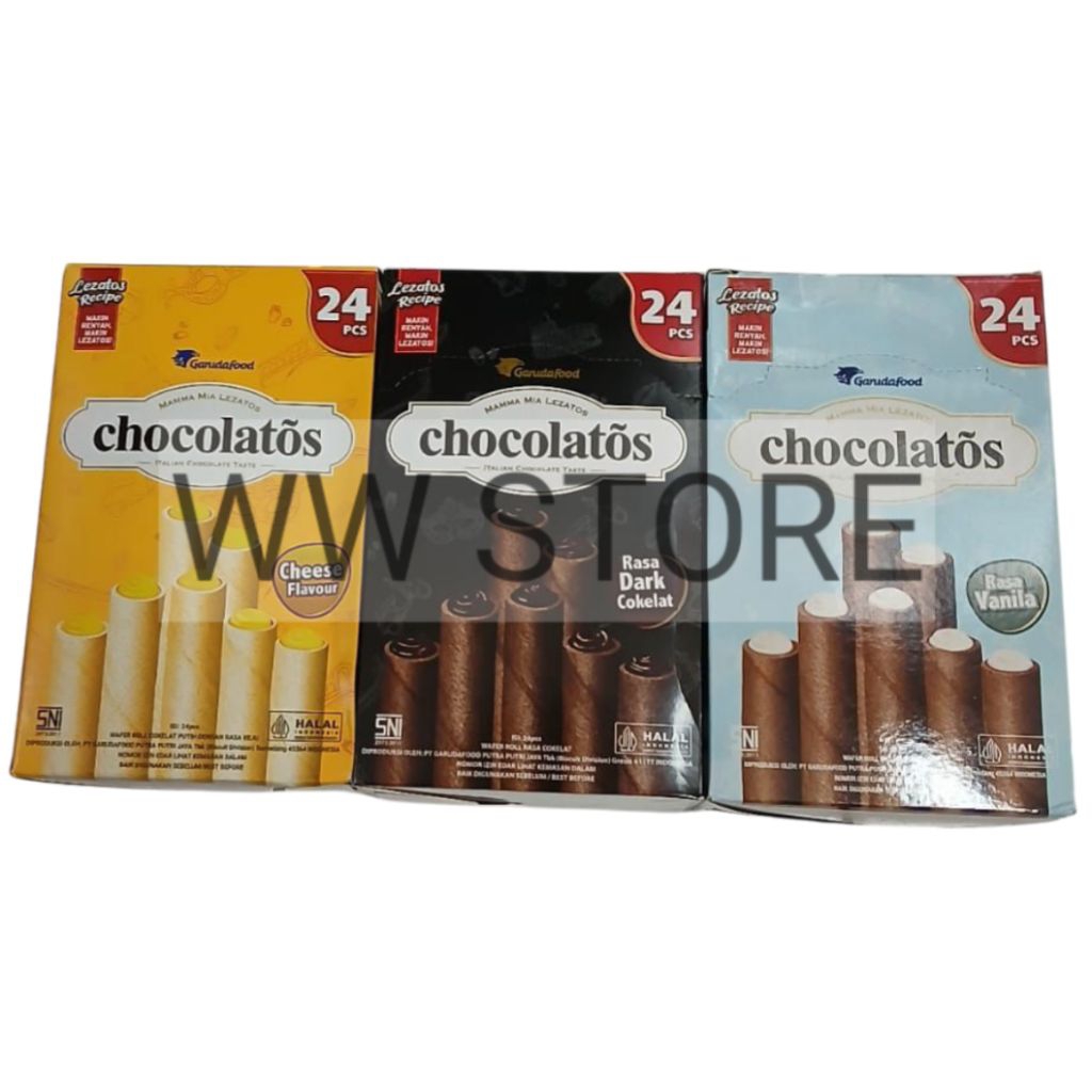 

Wafer gulung rasa coklat cokelat hitam vanila keju halal MUI GarudaFood Garuda Food chocolatos Dark Chocolate Coated Cheese Vanilla Flavour Wafer Roll isi 24pcs x 12g