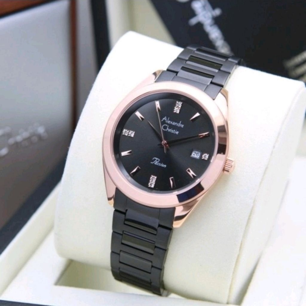 JAM TANGAN WANITA ORIGINAL ALEXANDRE CHRISTIE  AC2948LD ROSEGOLD BLACK STAINLESS STEEL