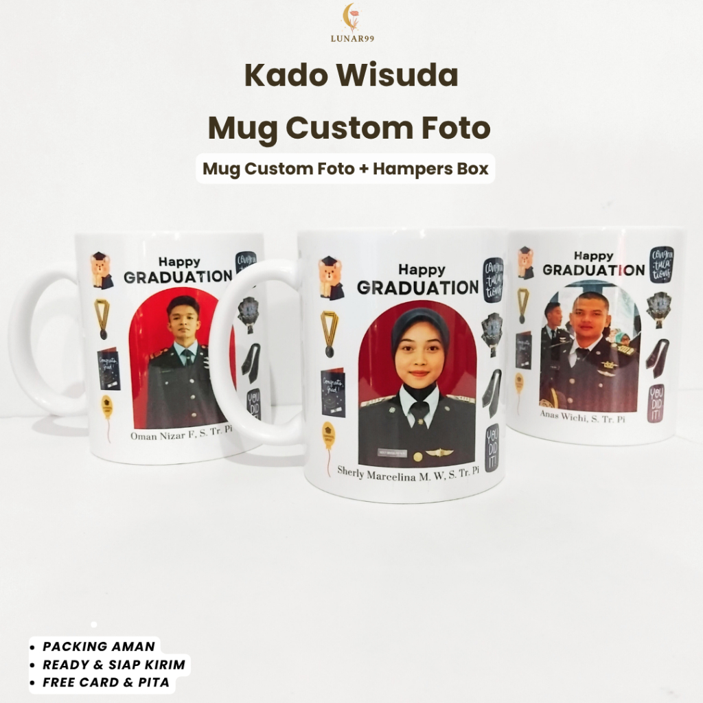 Mug Gelas Kado Wisuda Custom Foto & Ucapan Free Gift Box | Hadiah Wisuda Mug Custom