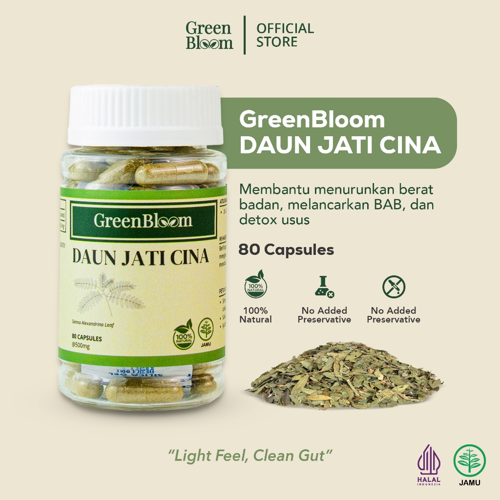 GreenBloom Daun Jati Cina - Pelangsing, Detox Usus, Sembelit | Obat Herbal Jamu Kapsul Alami