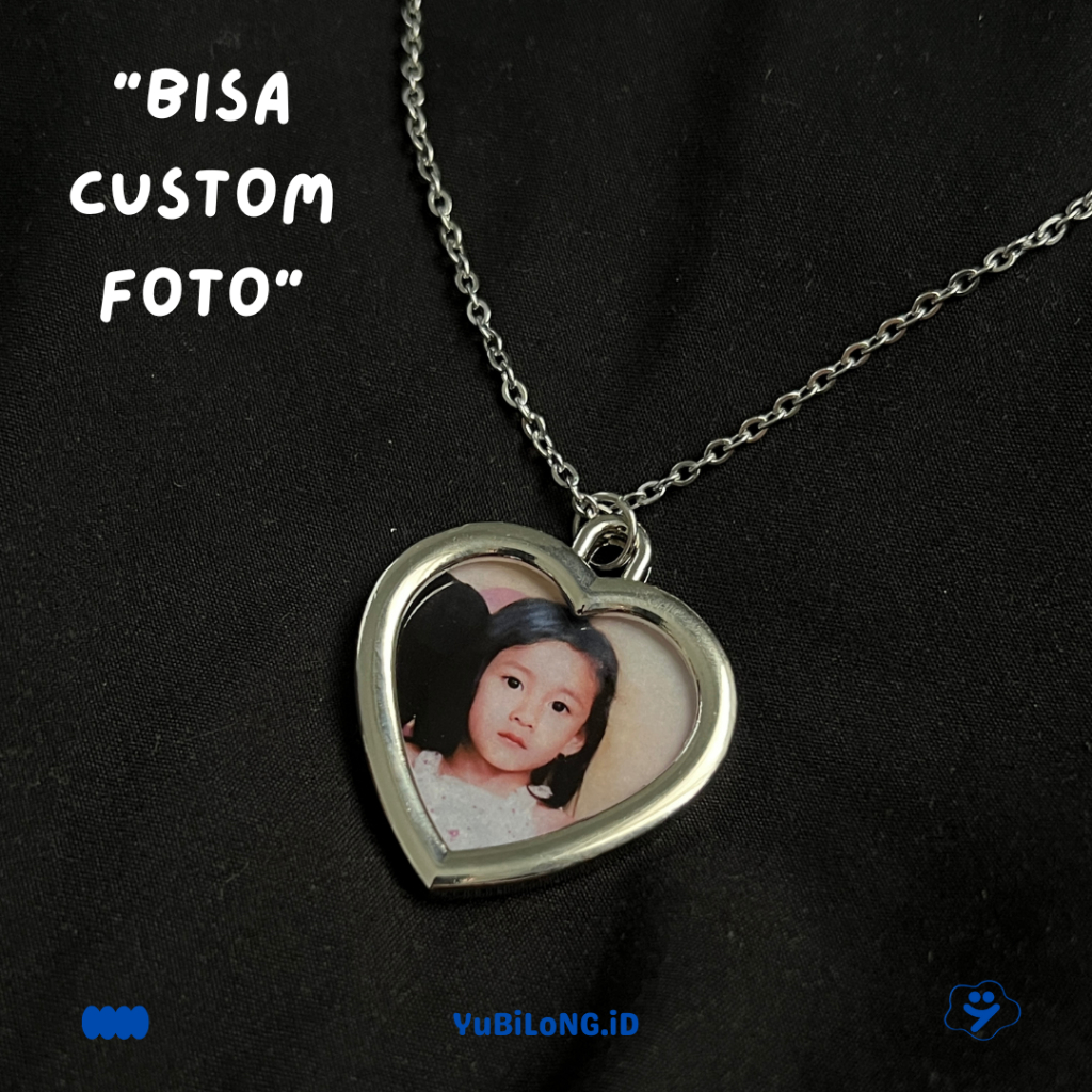 Kalung Custom Foto Bentuk Hati Foto Lapis Resin Dua Sisi Necklace Rantai Stainless Liontin Love