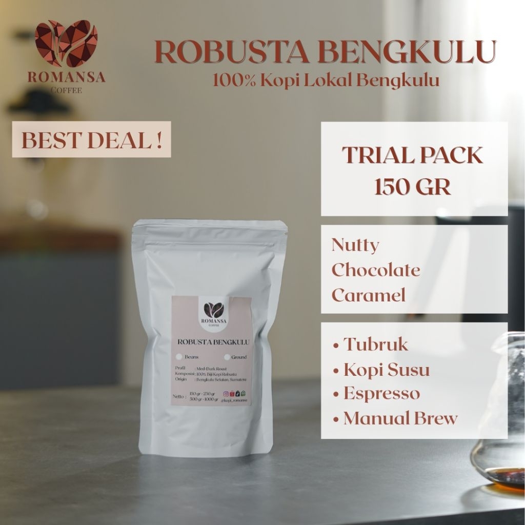 

ROMANSA Kopi Robusta Bengkulu Sumatera 150gr TRIAL Pack | Kopi Biji Bubuk | Tubruk Kopi Susu