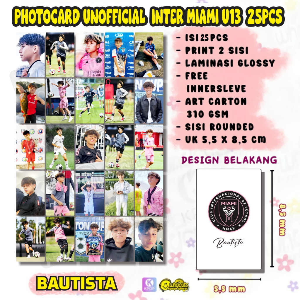 25PCS Photocard Inter Miami U13 bautista Thiago Roger Castello Diaz Print 2 sisi laminasi glossy