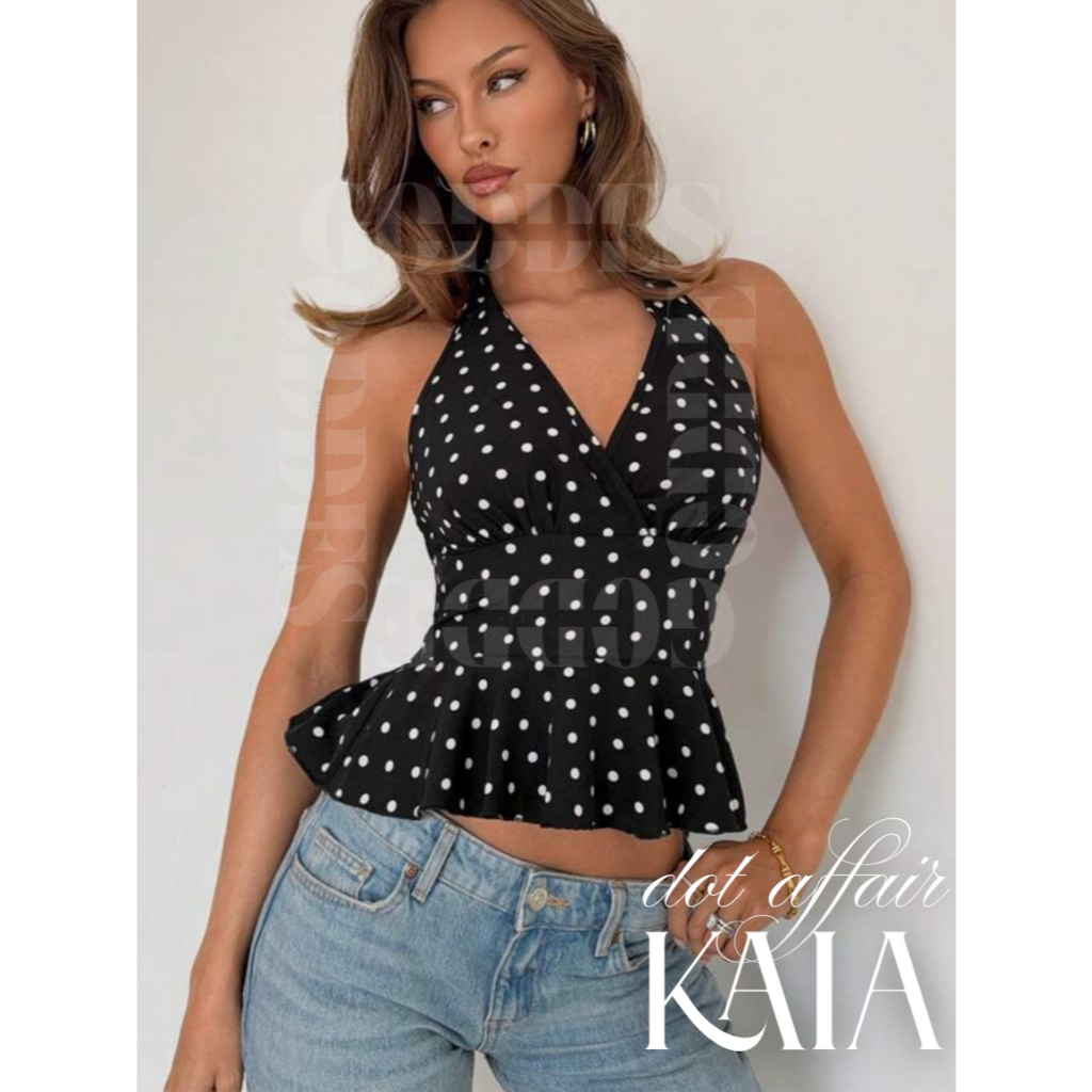 KAIA - dot affair | SHEIN | Polkadot Halter Top | V-Neck Halter Polkadot Top | Ruffled-Waist Polkado