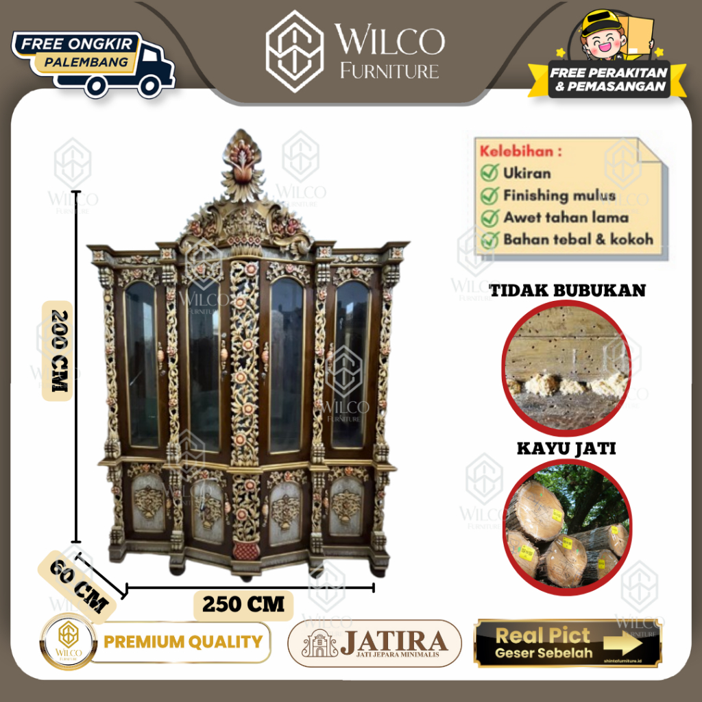Lemari Hias Jati Sima Marmer 4 Pintu | Lemari Pajangan 4 Pintu JATIRA | Lemari Jati Palembang