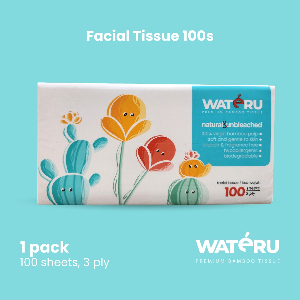 Wateru Facial Tissue 100s, 1 pack, 100 sheets, 3 ply | Natural & Unbleached | Wateru Premium Bamboo 