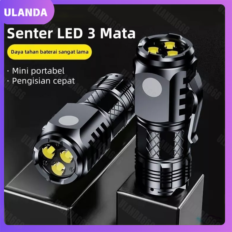 Senter Mini LED 3 Mata / Senter Mini Anti Air Super Terang / Senter Mini Rechargeable Mini Anti Air 