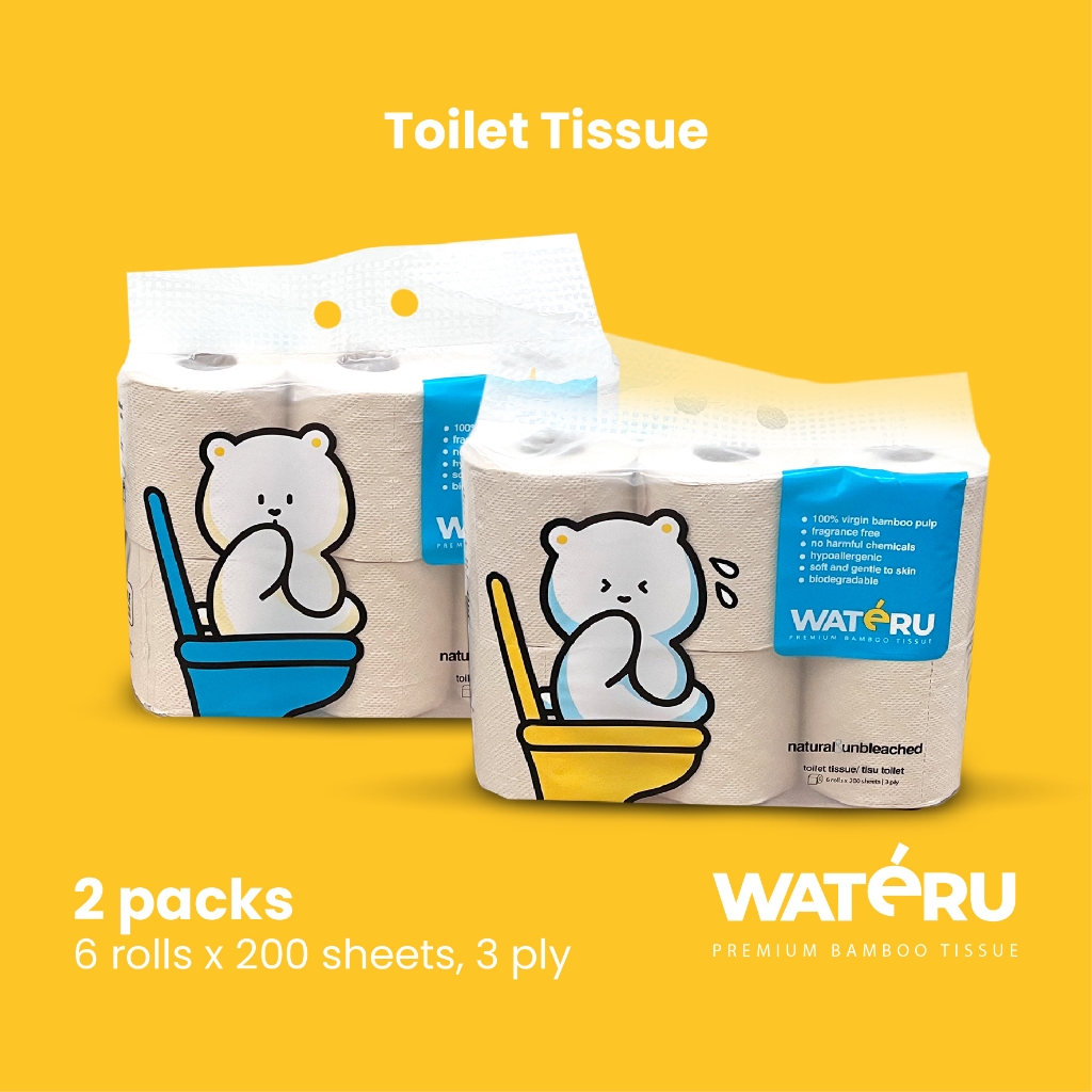 Wateru Toilet Tissue, 2 packs, 6 rolls x 200 sheets, 3 ply | Natural & Unbleached | Wateru Premium B