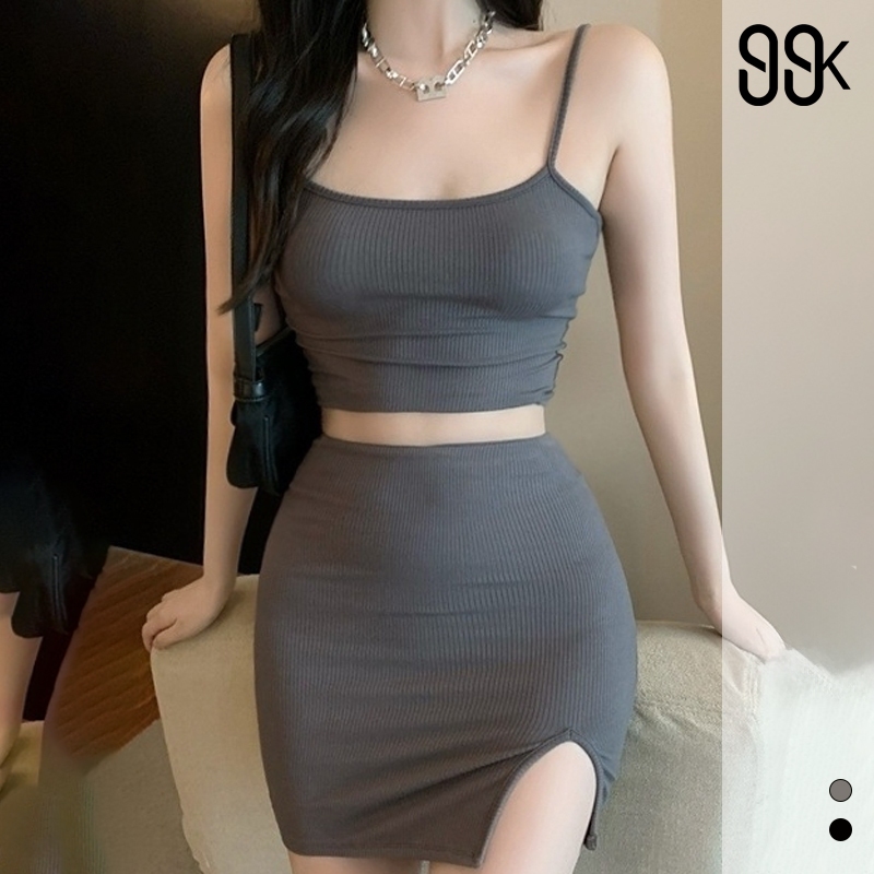 99kOUTLET One Set Tank Top Cropped Spaghetti Strap + Rok Mini Polos WIth Side Split 1519 (S/M/L/XL)