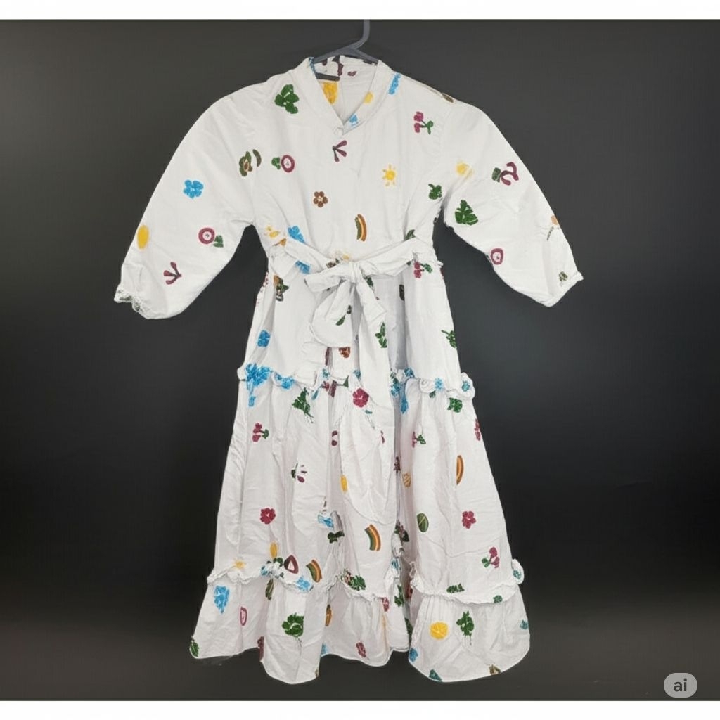 Dress Wanita Kekinian Motif Bunga – Maxi Dress Putih Lengan ¾ Adem & Girly