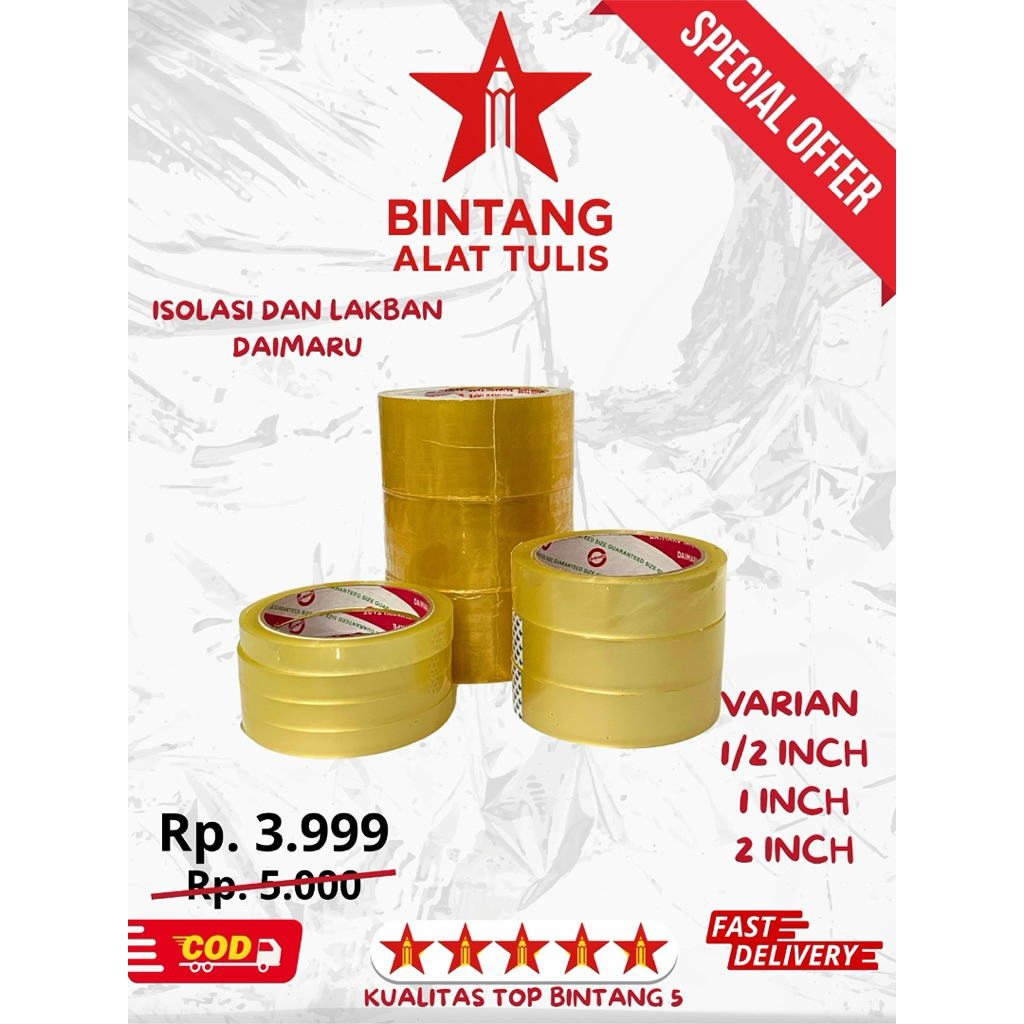 

Lakban Daimaru / Yatta / Masking Tape 1/2–2 Inch – Bening, Coklat, Solasi Kertas Murah