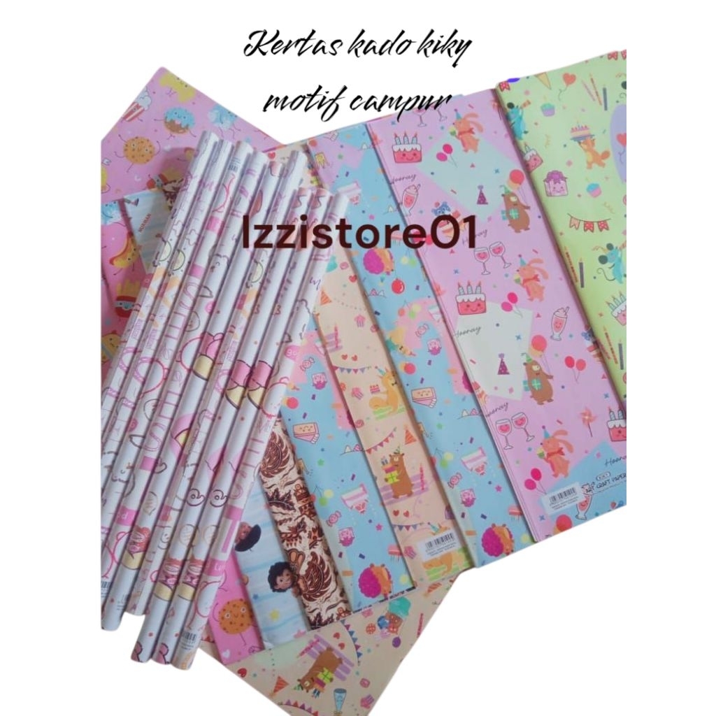 

kertas kado gulung merk kiky motif campur 1 pack 50 lembar