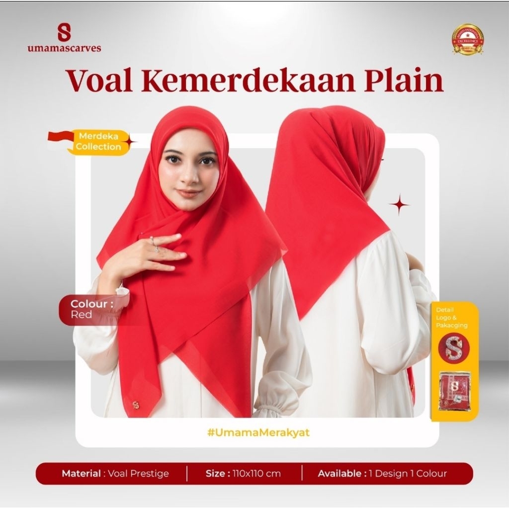HIJAB SEGIEMPAT VOAL MOTIF KEMERDEKAAN MERAH PUTIH UMAMA ORIGINAL 110X110CM