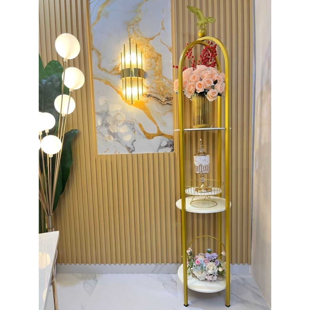 ZEFANYA/ Rak Sudut Sangkar Burung Ruang Tamu Mewah Rak Pojok Ruang Tamu Rak Hias Gold Rak Vas Bunga