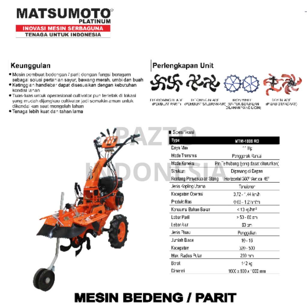 MESIN CULTIVATOR MEMBUAT BEDENGAN DAN PARIT MATSUMOTO MTM-1808 RD ORIGINAL