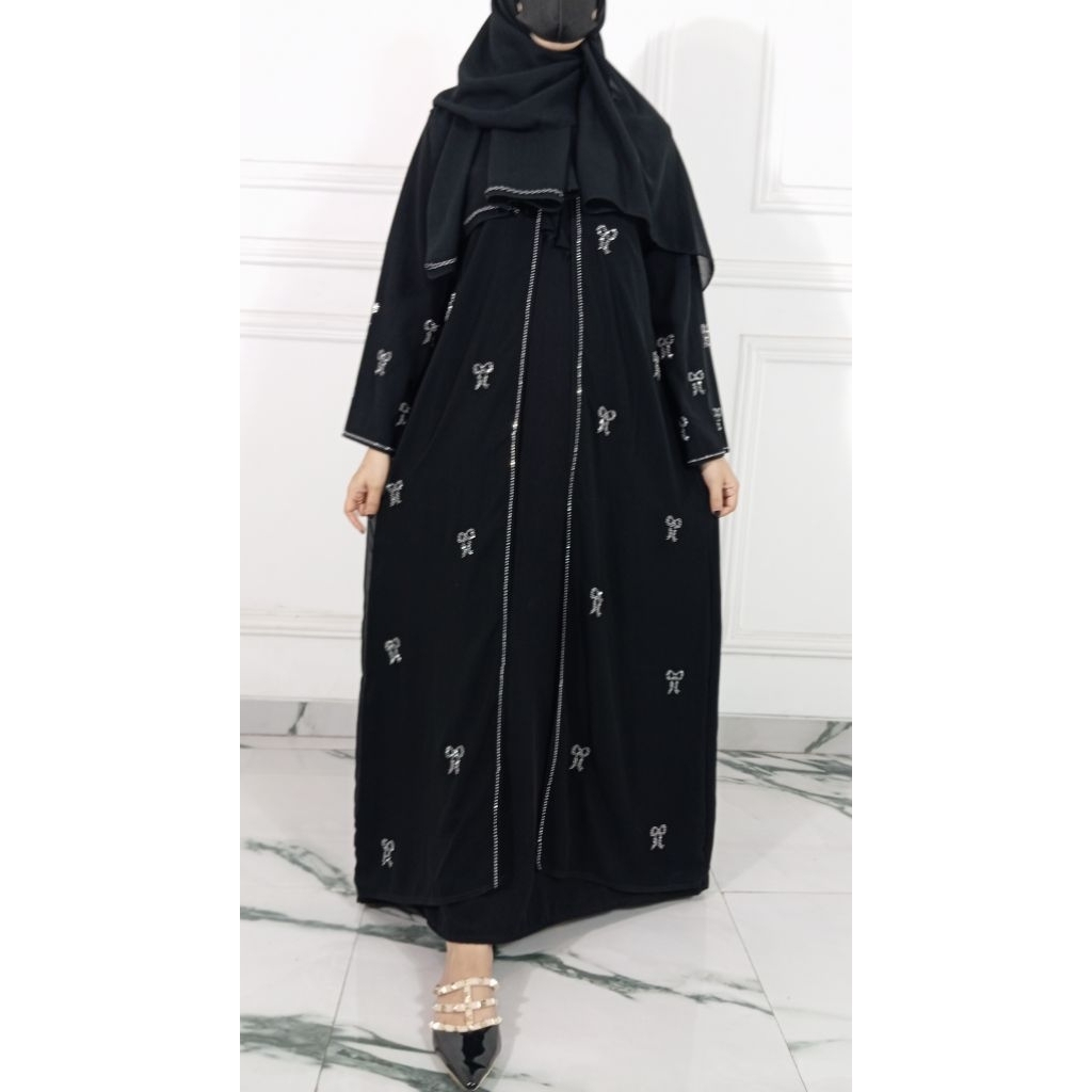 Abaya Hitam Swaroski Pita Silver Murah Dubai Gamis Busana Muslim Wanita Turkey Pakaian Perempuan Max