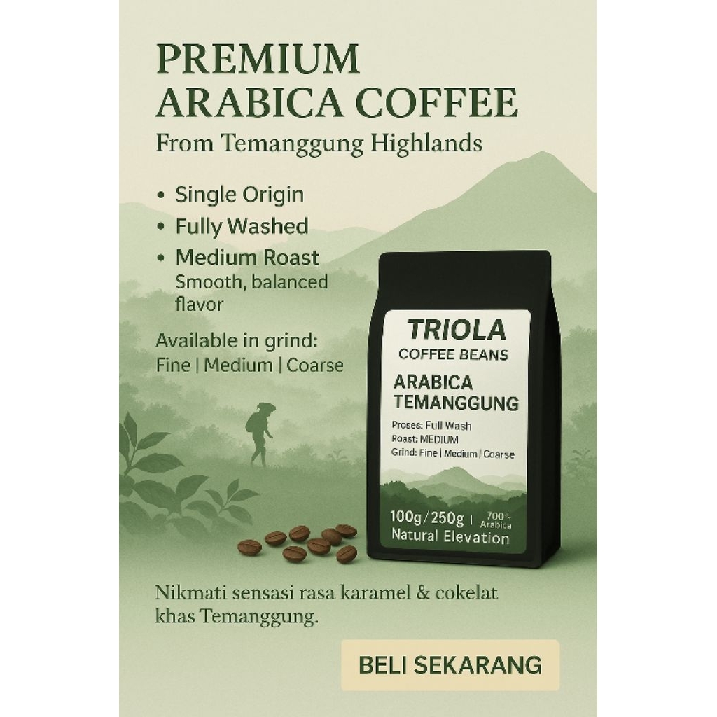 

TRIOLA Kopi Arabika Temanggung Premium 100g / 250g | Medium Roast | Single Origin | Biji/Bubuk
