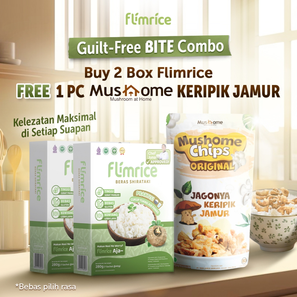 

Guilt-Free Bite Combo - 2 Flimrice Box + 1 Pc Mushome Keripik Jamur Rasa Original / Barbeque