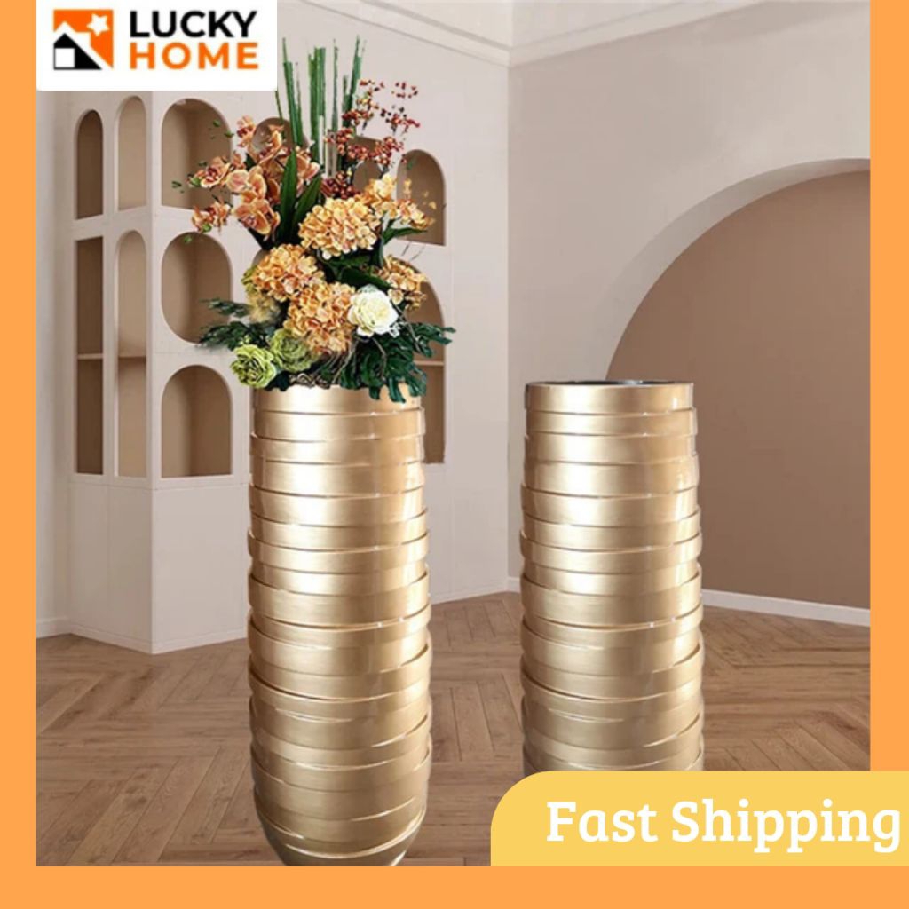 Guci Vas Bunga Keramik Besar   Emas Gold Coklat Silinder Porselen Dekorasi Rumah Set/FANYBELLA