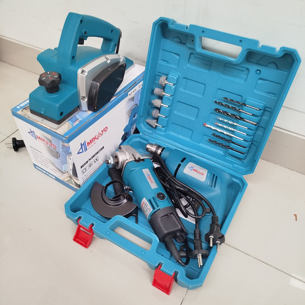 PAKET TUKANG KAYU 3 ITEM // MESIN PLANER ,MESIN GERINDA 4 INCH DAN BOR 10MM SET KOPER 13 MATA BOR //