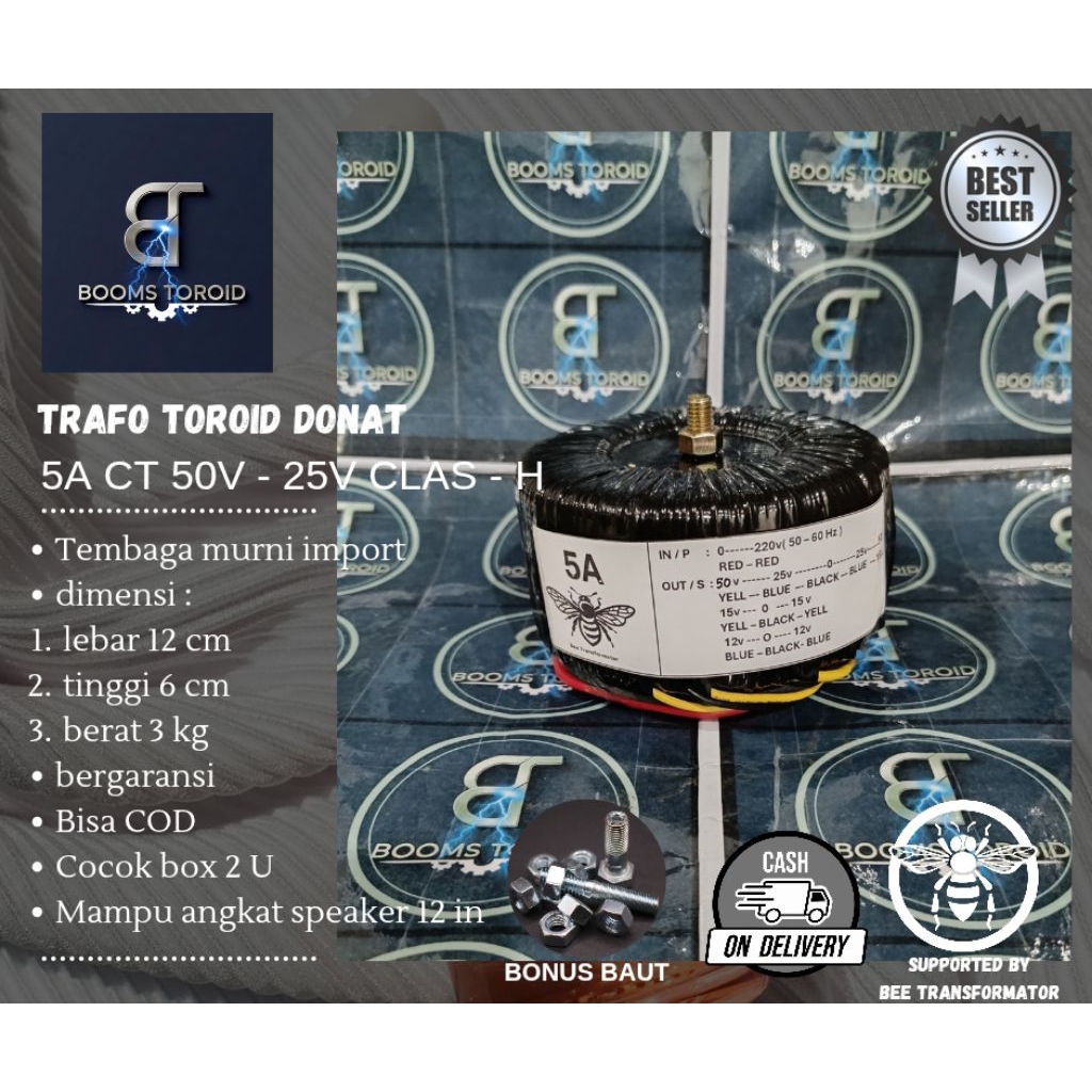 trafo toroid donat 5A CLASS H CT 50V - 25V murni