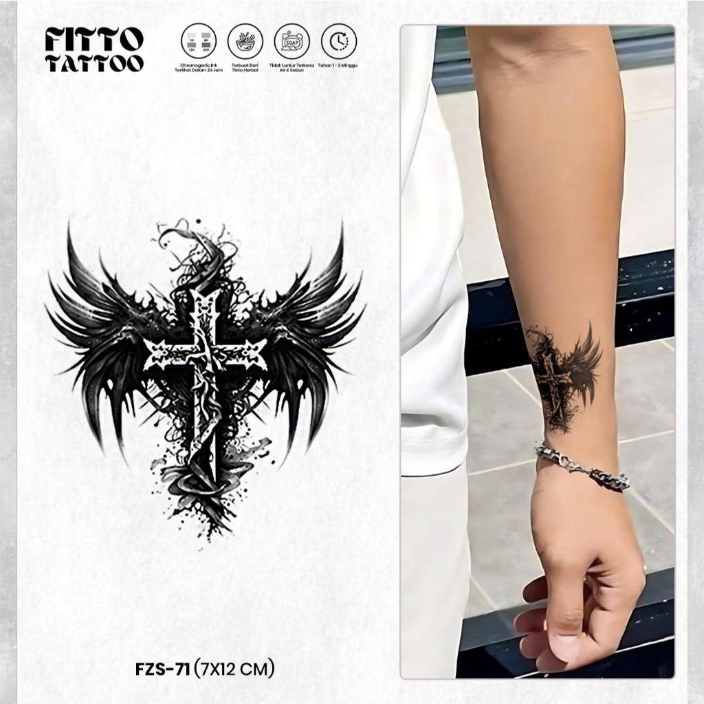 Stiker Tato Temporer Salib Yesus Sayap Semi Permanent Fruit Ink Tahan Lama Tatto Temporary Salip