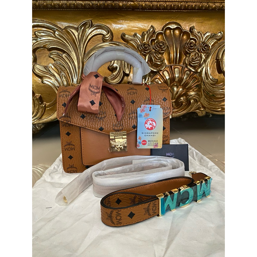 MCM Patricia Visetos Medium Satchel Brown Top Handle Long Strap Bag