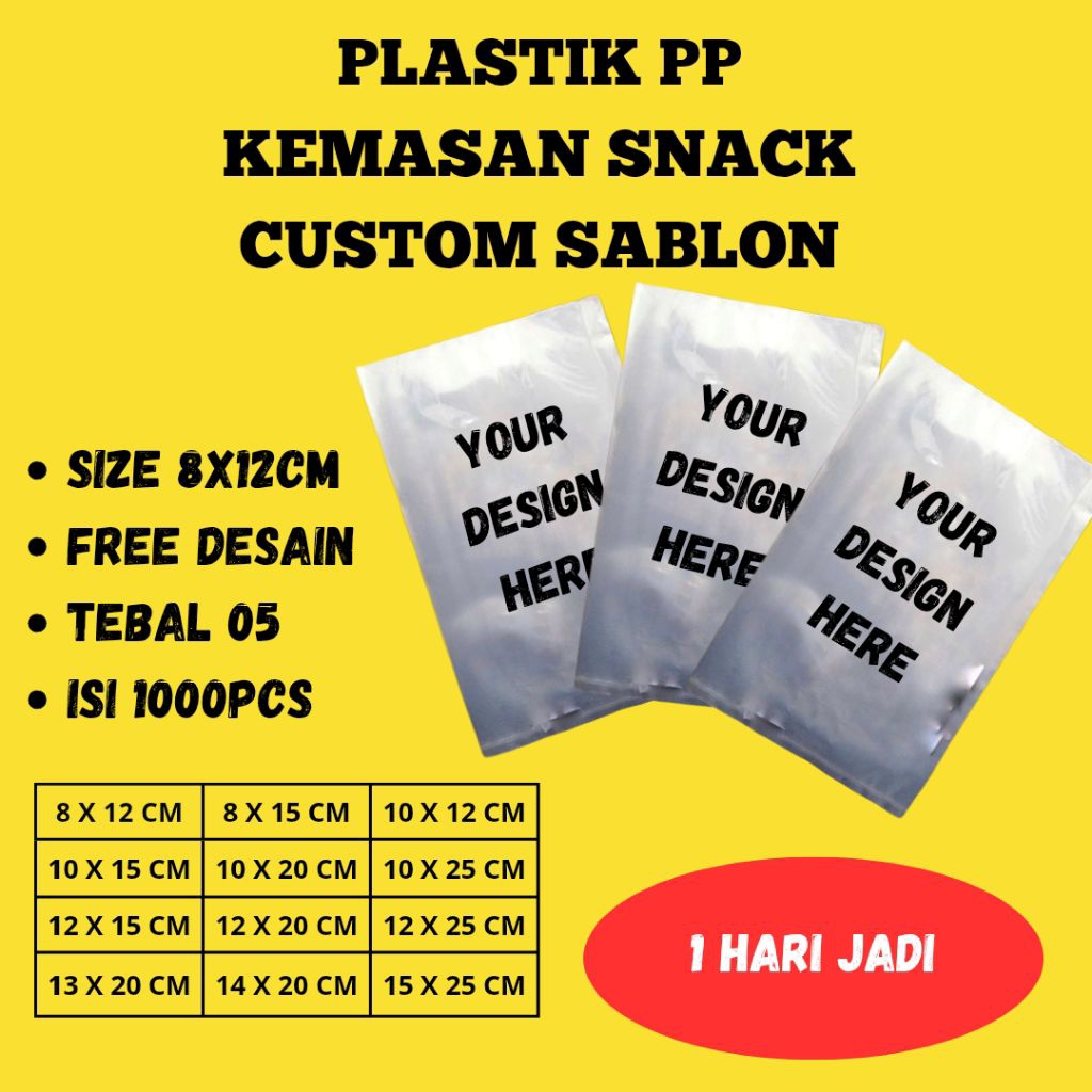 Plastik PP Snack 8x12cm Custom Sablon Tebal 05 – 1000pcs, Free Desain