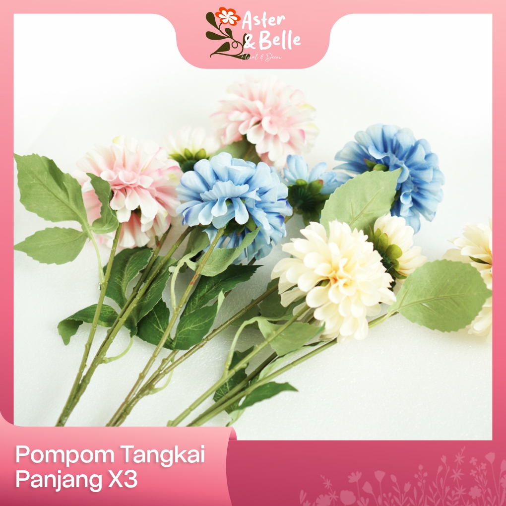 Pompom Tangkai Panjang X3 / Bunga Plastik Dekorasi Vas dan Ruangan / Bunga Dandelion Tangkai Panjang