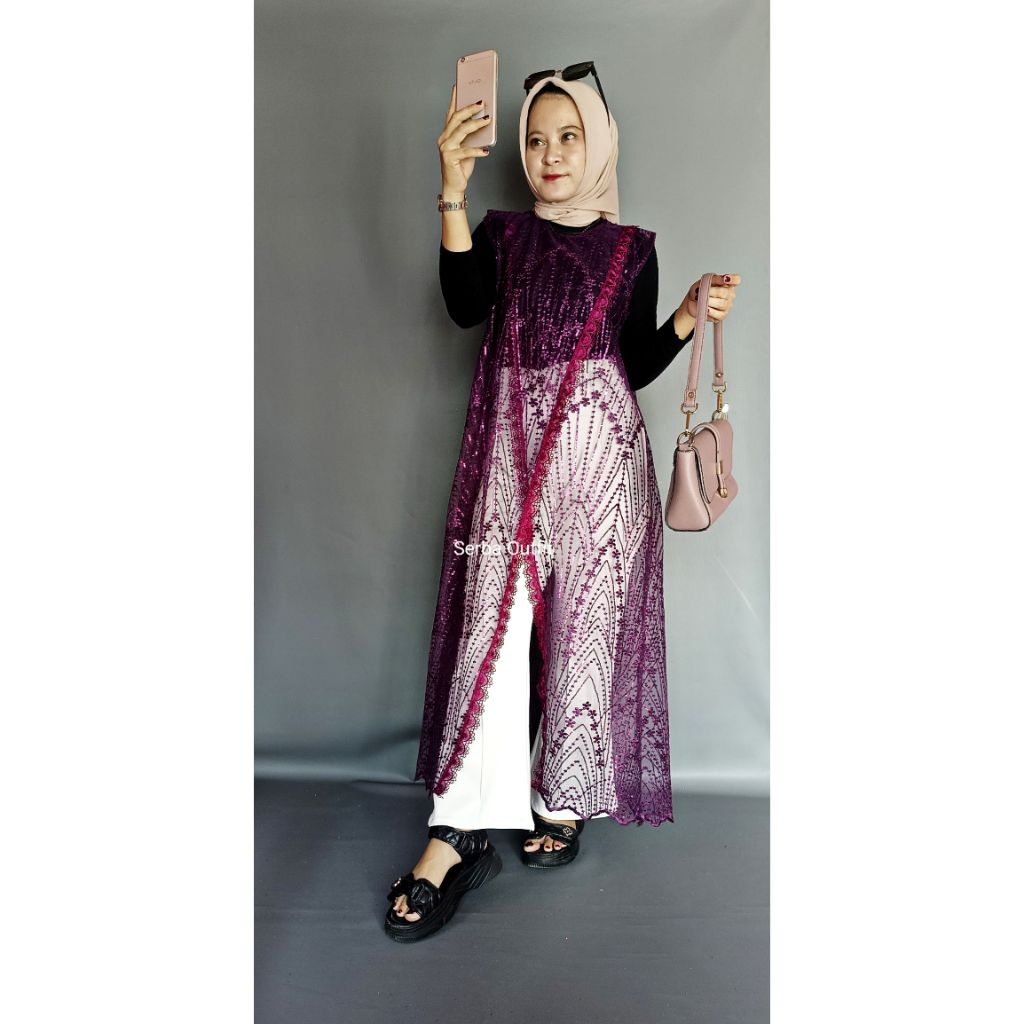 Lizzy Outer Dress Brokat etnik Mix Organza Tanpa Lengan Cardigan Tangan kutung Outer Wisudah tanpa l