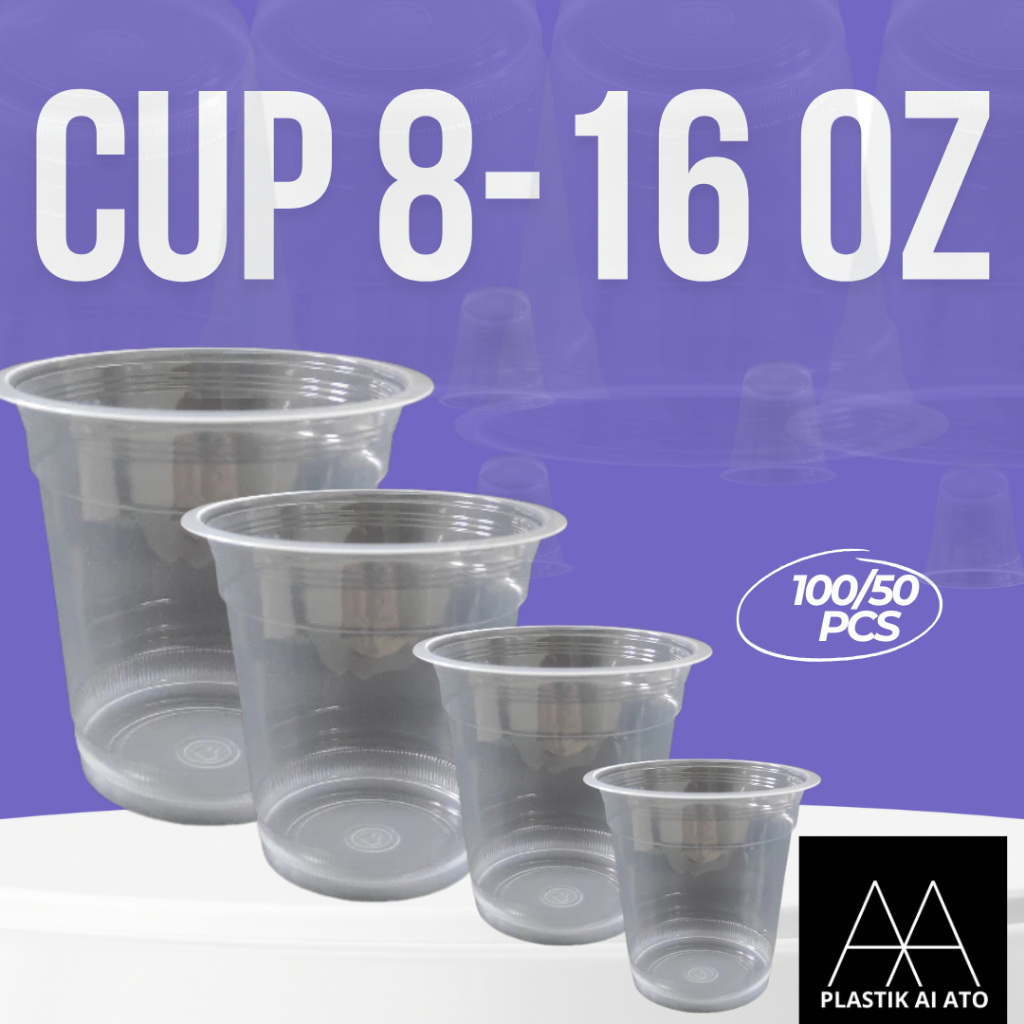 ISI 100 PCS Cup Plastik Bening 8 oz – 16 oz Mix Size – Gelas Minuman / CUP Pop ice/KAP PLASTIK DATAR