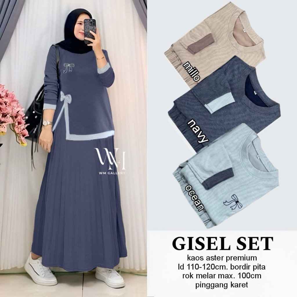 GISEL Set Baju Muslim Wanita - Kaos Aster Premium - Rok Plisket Elegan