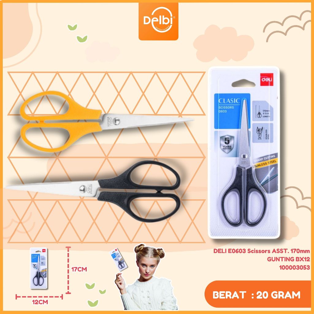 

Deli Gunting PP, stainless steel 170mm gagang simetris, ujung runcing E0603 E0603 Scissors ASST. 170mm