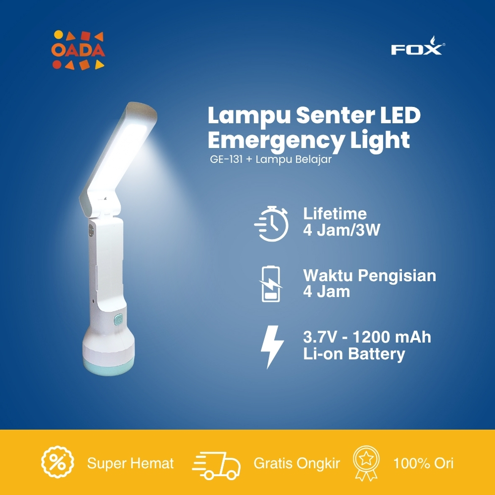 FOX Senter Emergency Lampu LED Baca Portable Tahan 4 Jam GE-131