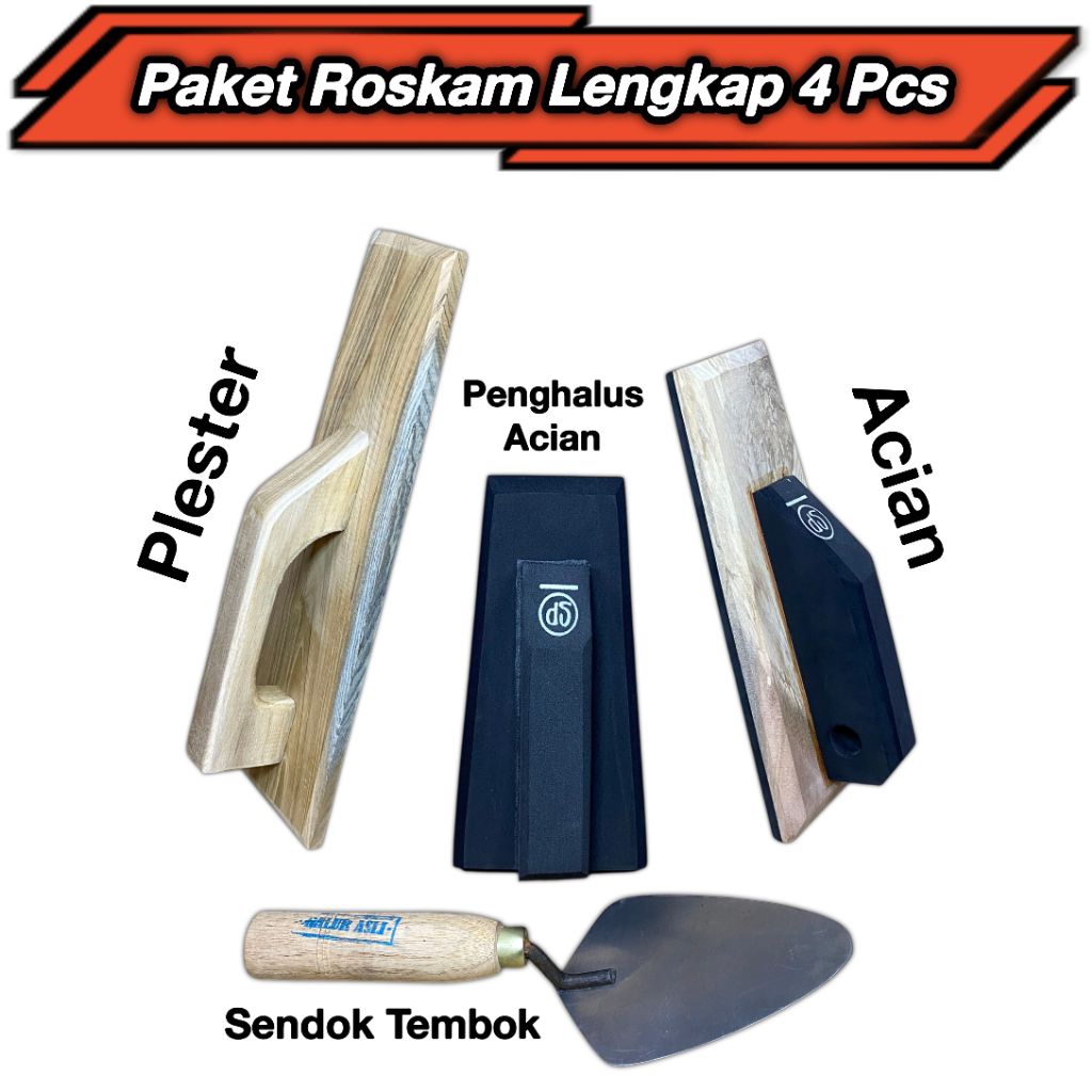 Roskam Paket Lengkap 4 Pcs, Kayu Acian, Kayu Jati Plester, Karet Penghalus Acian, Berkualitas