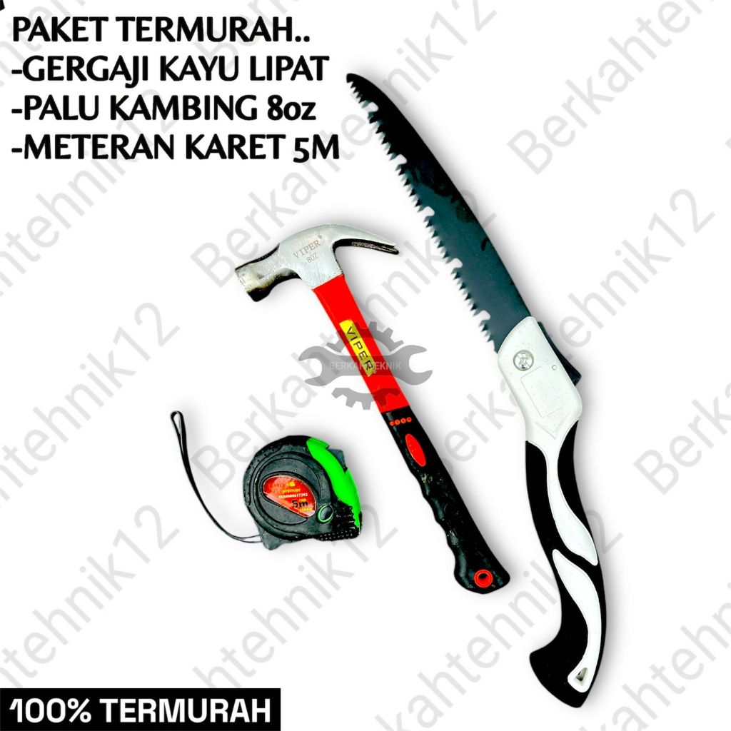 (PAKET ALAT TUKANG KAYU 1 SET) Gergaji Kayu Lipat Baja Asli SK5 Palu Kambing 8 oz Meteran Karet 5M B