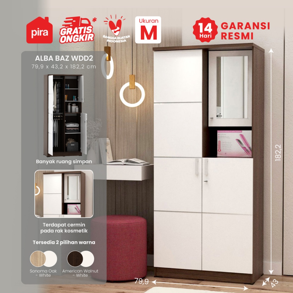 PIRA METROPOLIS - ALBA BAZ WDD2 Lemari Pakaian 2 Pintu dengan Kaca Rias